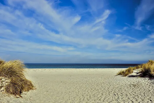 Dieses Bild zeigt einen typischen Strand an der Ostsee mit weißem Sandstrand, Strandhafer auf den Dünen und blauem Himmel mit feinen Schleierwolken.