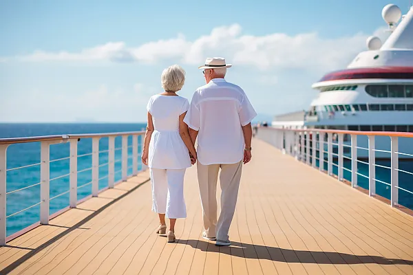 Ein älteres Ehepaar, Mann und Frau, spazieren auf dem Deck eines Kreuzfahrtschiffes entlang.